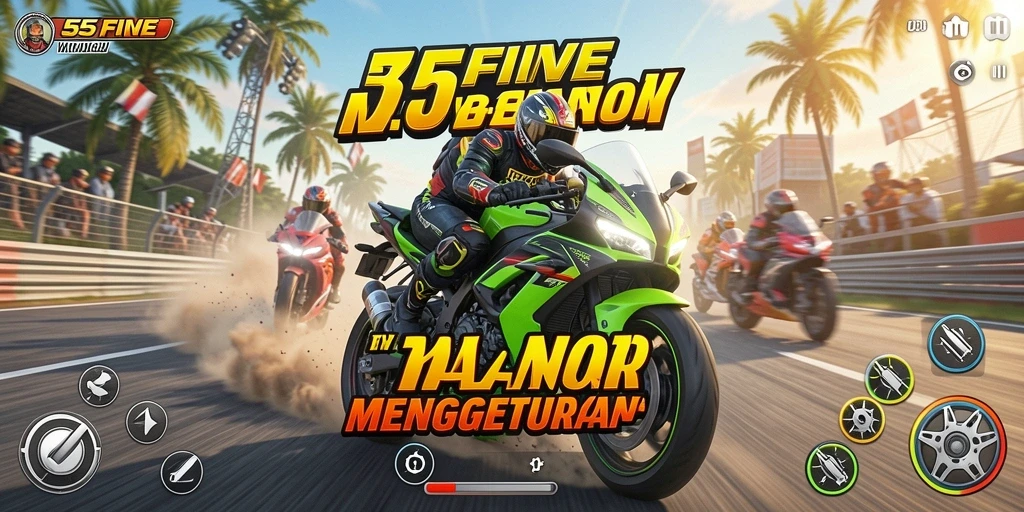 Screenshot gameplay 55FIVE menunjukkan aksi balapan motor yang intens.
