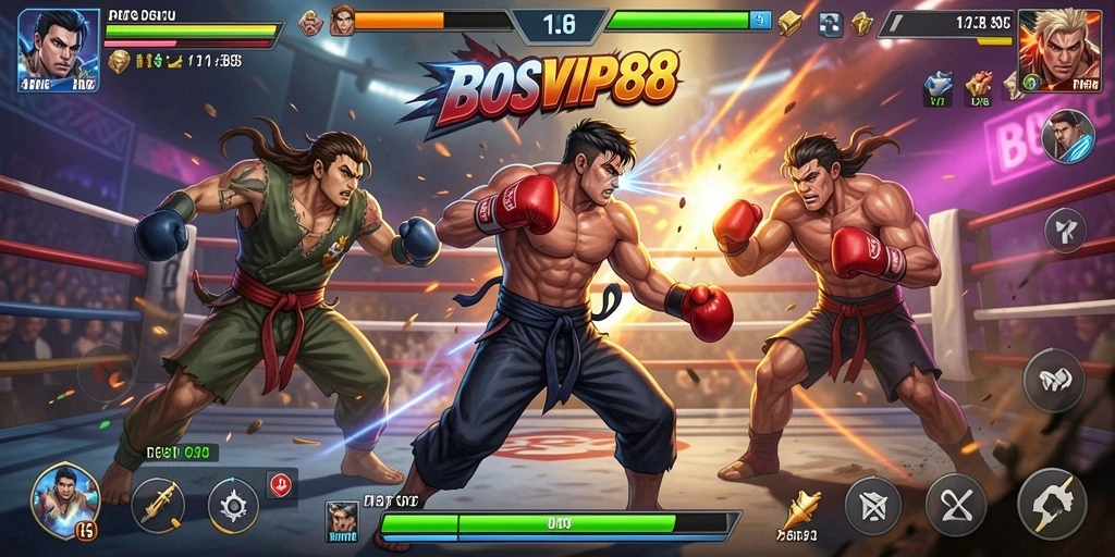 Tangkapan layar gameplay BOSVIP88 menampilkan aksi pertarungan yang intens.