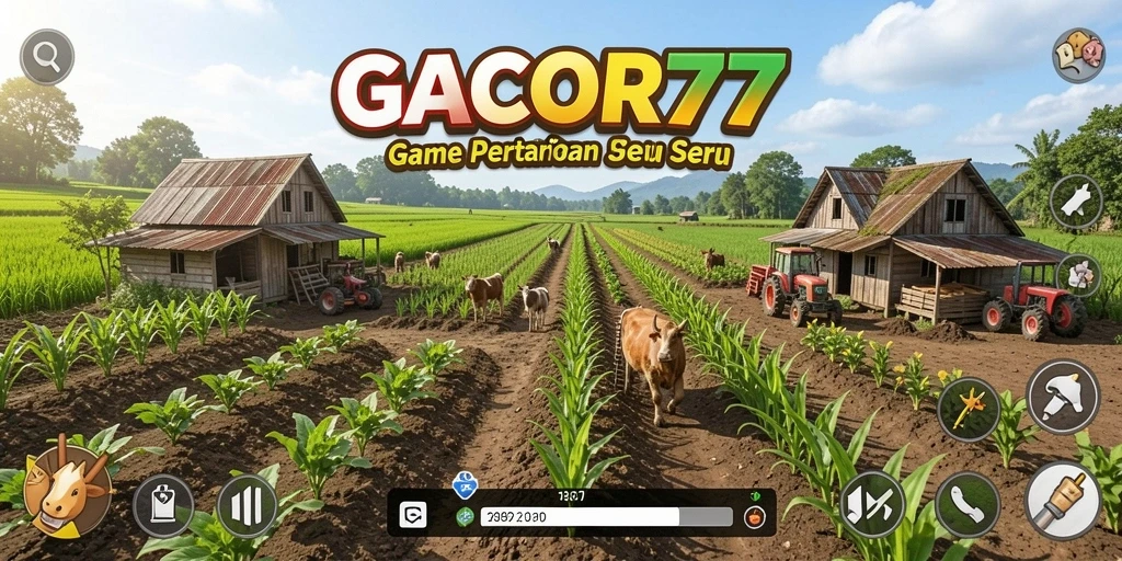 Screenshot GACOR77 menunjukkan kebun yang subur dan aktivitas bertani.