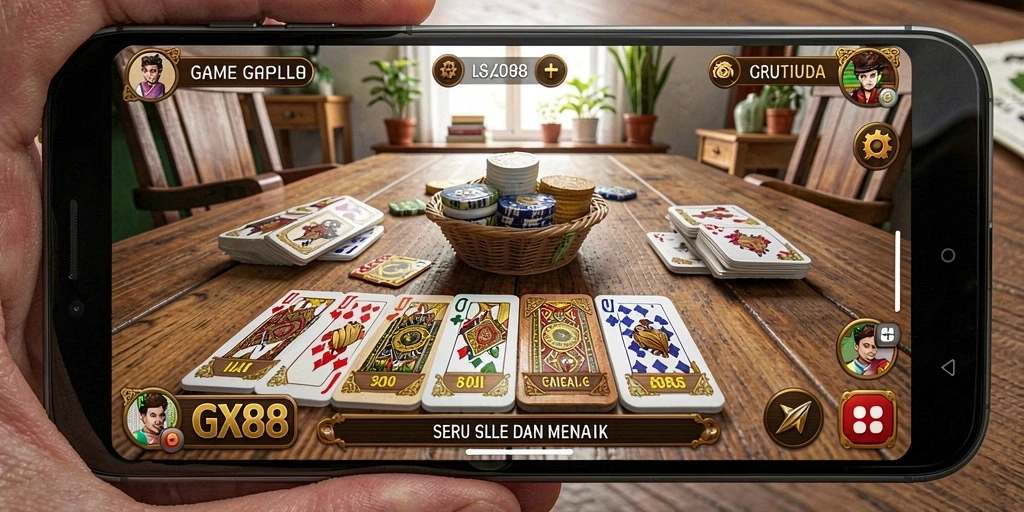 Screenshot utama GX88 menampilkan gameplay Gaple yang dinamis.