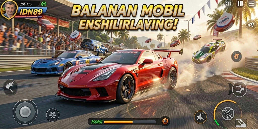 Tampilan gameplay mendebarkan dari IDN89 saat mobil melaju kencang.