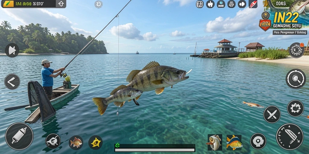 Screenshot gameplay IN22 saat menangkap ikan di lokasi yang indah.