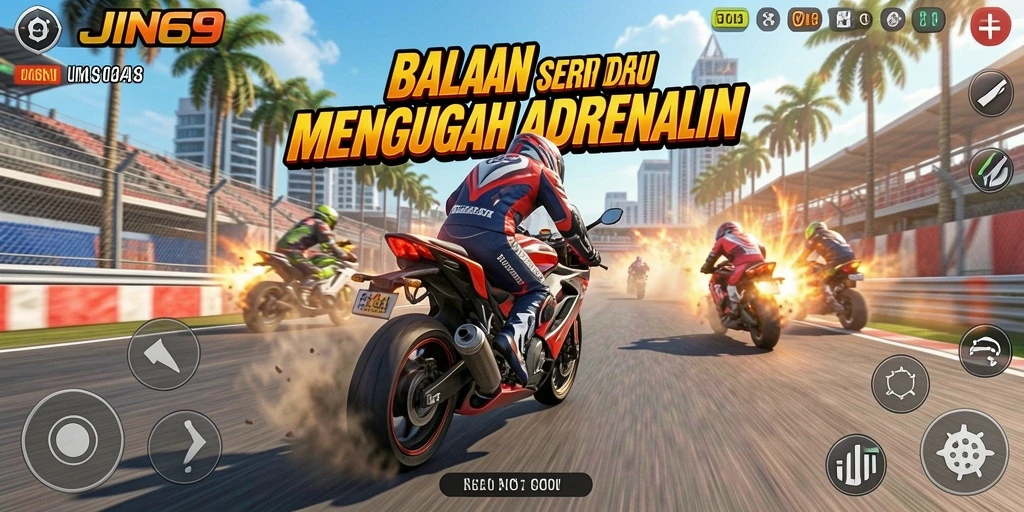 Tampilan gameplay seru dalam balapan motor yang menegangkan di JIN69.