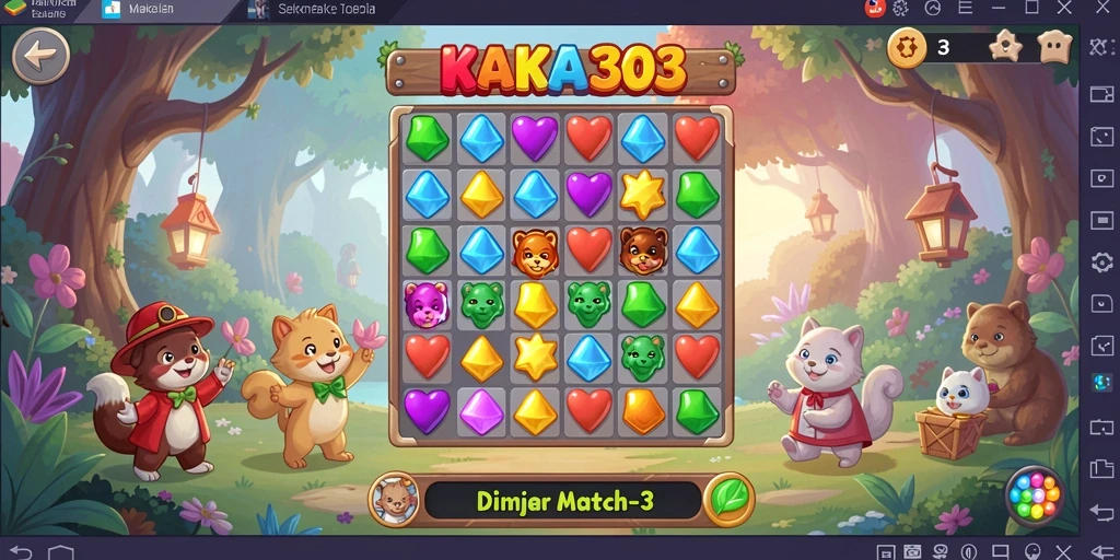 Screenshot KAKA303 menampilkan gameplay Match-3 yang seru dan penuh warna.