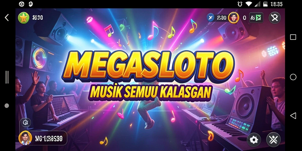 Tampilan menarik dari gameplay MEGASLOTO yang penuh musik.