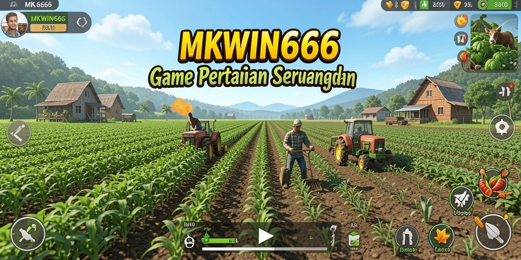 Tampilan gameplay MKWIN666 dengan ladang yang subur dan aktivitas pertanian.
