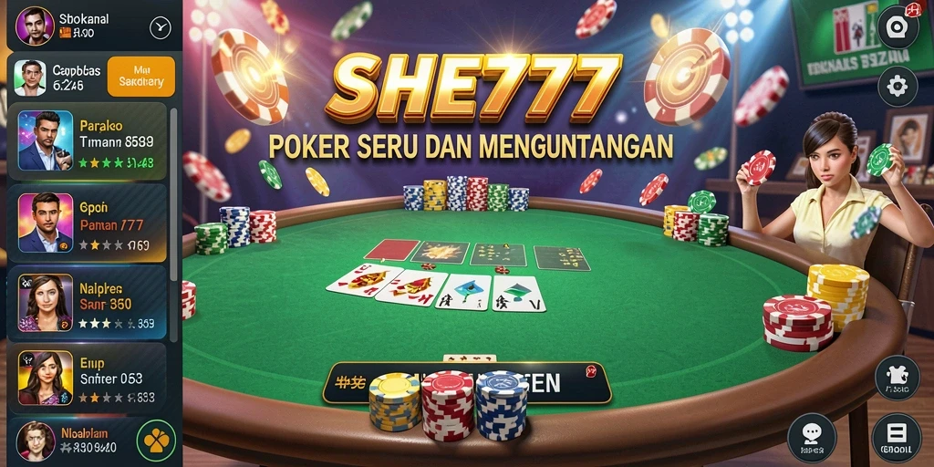 Tampilan screenshot utama SHE777 menampilkan gameplay poker yang seru dan interaktif.
