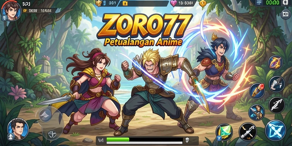 Tampilan gameplay seru dalam ZORO77 dengan karakter anime yang menarik.